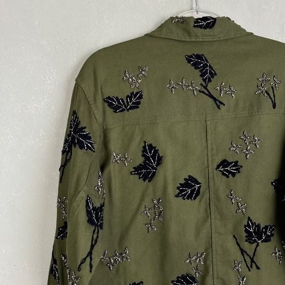 The Kooples women size M leaf embroidered jacket green 100% cotton beaded - Picture 7 of 15
